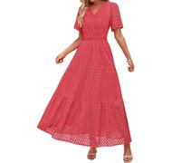 Damen Kurzarm Maxi Kleid Lässiges V-Ausschnitt Kleid mit Lochstickerei Rüschen Schwingendem A-Linien-Schnitt und Eleganter Knöchellänge (Watermelon Red, M)