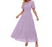 Damen Kurzarm Maxi Kleid Lässiges V-Ausschnitt Kleid mit Lochstickerei Rüschen Schwingendem A-Linien-Schnitt und Eleganter Knöchellänge (Purple, L)