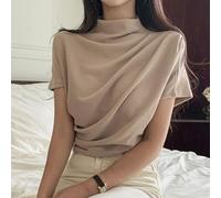 Damen Kurzarm Plissee Top für Slim Fit Halber Rollkragen Gerafftes T-Shirt für Frühling Sommer Herbst Casual Streetwear Einfarbig Stil (L Beige)