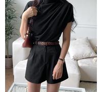 Damen Kurzarm Plissee Top für Slim Fit Halber Rollkragen Gerafftes T-Shirt für Frühling Sommer Herbst Casual Streetwear Einfarbig Stil (XXL Schwarz)