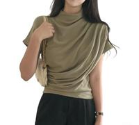 Damen Kurzarm Plissee Top für Slim Fit Halber Rollkragen Gerafftes T-Shirt für Frühling Sommer Herbst Casual Streetwear Einfarbig Stil (L Grün)