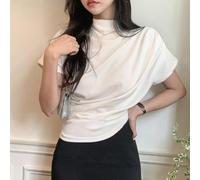 Damen Kurzarm Plissee Top für Slim Fit Halber Rollkragen Gerafftes T-Shirt für Frühling Sommer Herbst Casual Streetwear Einfarbig Stil (XXL Weiß)