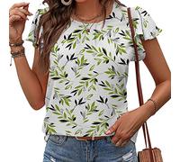 Damen Kurzarm T-Shirt Casual Rundhals Plissee Chiffon Shirt Rüschenärmel Top Süßes Shirt Sommer Blusen Tops,White1,M