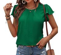 Damen Kurzarm T-Shirt Casual Rundhals Plissee Chiffon Shirt Rüschenärmel Top Süßes Shirt Sommer Blusen Tops,Green,M