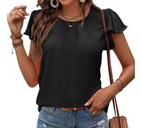Damen Kurzarm T-Shirt Casual Rundhals Plissee Chiffon Shirt Rüschenärmel Top Süßes Shirt Sommer Blusen Tops,Black,XL