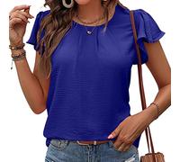 Damen Kurzarm T-Shirt Casual Rundhals Plissee Chiffon Shirt Rüschenärmel Top Süßes Shirt Sommer Blusen Tops,Blue,S