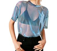 Damen Kurzarm-T-Shirt Für Sommer, Transparent Durchsichtig Tüll,Oberteile Damen Netzstoff Shirt Glitzer-Top Club Transparent Tüll Mesh Bluse Tunika Party Clubwear Schwarz