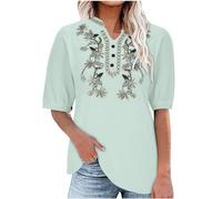 Damen Kurzarm T Shirt mit V-Ausschnitt Basic Einfarbig Baumwolle Leinenhemd Oberteile Sommer Stickerei Casual Lose Tops Stilvoll Sportshirt Dünn