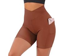 Damen Kurze Leggings mit 2 Taschen Radlerhose V C-r-o-s-s Taille Trainingsshorts Bauch-Control Hintern Heben hohe Taille Biker Shorts Kurze Yoga-Hose für Frauen (Coffee, L)