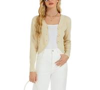 Damen Kurze Strickjacke Elegant Jäckchen mit Knopfleiste V Ausschnitt Feinstrick Langarm Cardigan Leichte Jacke Beige, XL