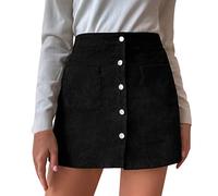 Damen Kurzer Rock Cordrock Herbst Enger Minirock A Linie Kurzrock Elastischer Bund Bodycon Solide Hohe Taille Cord Hip Wrap Einreiher Slim Fit Schleife Schmale Passform Wickelrock mit Knopf (Black, M)