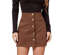 Damen Kurzer Rock Cordrock Herbst Enger Minirock A Linie Kurzrock Elastischer Bund Bodycon Solide Hohe Taille Cord Hip Wrap Einreiher Slim Fit Schleife Schmale Passform Wickelrock mit Knopf (Brown, L)
