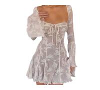 Damen Kurzes Korsett Y2k Minikleid Langarm Low Cut Spitzenkleid Vintage Solid Floral Partykleider (Rosa,S)