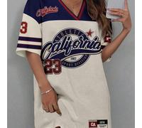 Damen Kurzes Vintage-Buchstaben- und Zahlen-Grafik-Minikleid mit V-Ausschnitt und Mesh, geeignet für Spiele, Sportevents, Sommer