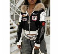 Damen Kuschelige Kapuzen-Reißverschluss-Sweatjacke, modische gestrickte Bomberjacke mit Fake-Fellbesatz und bedrucktem Design