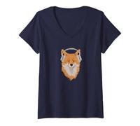 Damen Lächelnder Fuchs mit Kopfhörern, Happy Fox hört Musik T-Shirt mit V-Ausschnitt
