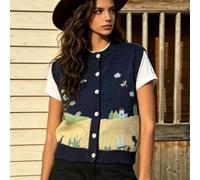 Damen Lässig Cartoon Blumen Muster Rippstrick Strickjacke Weste, Frühling/Sommer
