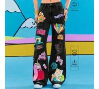 Damen Lässig Destroyed Cartoon Grafik Loose Fit Jeans