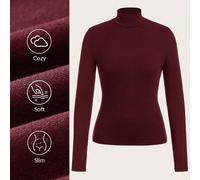 Damen Lässig Einfarbig gestricktes Slim Fit Regular Stehkragen Langarm T-Shirt