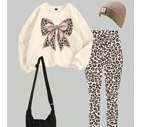 Damen Lässig Fashion kreativ erfrischender Street Chic rosa glänzender Leoparden Muster Schleife Design Grafik Muster Sweatshirt und Leggings Set, gee