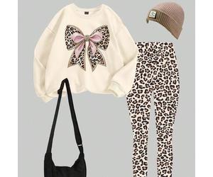 Damen Lässig Fashion kreativ erfrischender Street Chic rosa glänzender Leoparden Muster Schleife Design Grafik Muster Sweatshirt und Leggings Set, gee