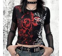 Damen Lässig Fashion Street Punk Goth Stil Faux Batik Tintendruck Muster Mesh Splice Rundhals Langarm Street Tank Top