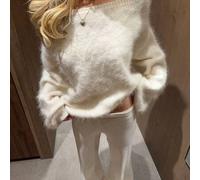 Damen Lässig flauschiger, weicher, ganz weißer, langärmeliger, locker geschnittener Oversize Strickpullover für Weihnachten und Thanksgiving