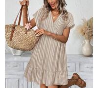 Damen Lässig gestreiftes V-Ausschnitt Kurzarm Mini Kleid, geeignet für den täglichen Gebrauch, Urlaub und Outdoor-Aktivitäten, Frühling/Sommer
