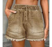 Damen lässig gewaschene Jeans-Shorts mit Kordelzug, süße gerade Bein kurze Shorts aus Nicht-Stretch-Stoff für den täglichen Sommer-Gebrauch