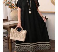 Damen Lässig Langes Kleid in Großen Größen, Frühling/Sommer Elegant Rundhals Fledermausärmel Kurzarm Gemustertes Saum Kleid Schwarz