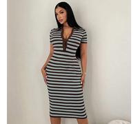 Damen Lässig Minimalistischer Pendler-Stil Kurzarm Schwarz-Weiß gestreiftes Poloshirt-Kleid, Gestricktes hochdehnbares figurbetontes Midi-Kleid, Franz