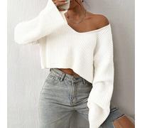 Damen Lässig Pullover mit V-Ausschnitt, Drop Shoulder und Langarm, mit strukturiertem Stoff, Herbst/Winter