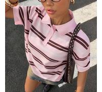 Damen Lässig Rosa und Weiß Gestreiftes Polokragen Kurzarm Stricktop,Frühlingsferien,Ausgehen Brunch Schule Büro Süß Preppy Sommer