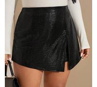 Damen Lässig Schwarz PU Schlitzrock in Große Größen, Schwarze Culotte, Sommeroutfit für Frauen Karneval