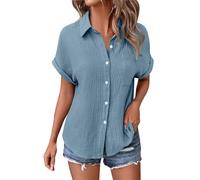 Damen Lässig Solide Farbe Doppel Crinkle Stoff Blase Falten Ärmel Button Down Shirt Tasche Damenblusen, Lässige Oberteile, Gepatchtes Hemd, Lässiges Arbeits-T-Shirt