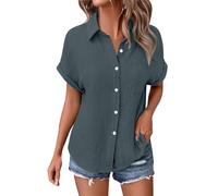 Damen Lässig Solide Farbe Doppel Crinkle Stoff Blase Falten Ärmel Button Down Shirt Tasche Damenblusen, Lässige Oberteile, Gepatchtes Hemd, Lässiges Arbeits-T-Shirt