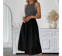 Damen Lässig/Urlaub gerafftes A-Linien Midi-Kleid, Rundhalsausschnitt, ärmelloser figurbetonter Kleid aus strukturiertem Stoff, elegant für drinnen un
