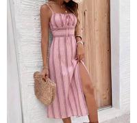 Damen Lässig Urlaub Midi-Kleid mit hohem Schlitz bis zum Oberschenkel, gestreiftes Kleid, Damen Sommerkleidung, geeignet für tägliche Pendelstrecke, D