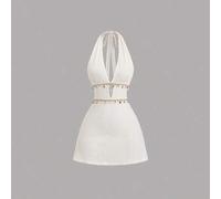 Damen Lässig Urlaubs Alltags vielseitige Mode Ausgehkleid mit Quasten Muschel Dekor Neckholder Rückenfreies Swing A-Linie Minikleid, Apricot