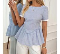 Damen Lässig Urlaubs- & Pendler gestreifte Peplum Bluse, Sommer Urlaubsoutfits für Damen, Lässig Baumwolle elegante blaue Bluse, Rüschen Bluse Sommer