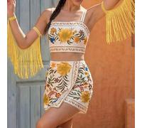 Damen Lässig Urlaubs Tropical Gelb & Beige Blumen Muster Träger-Top mit Off-Shoulder Bindedetail und asymmetrischer Wickel-Minirock Set, geeignet für