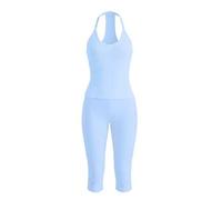 Damen Lässig V-Ausschnitt geripptes Strick Tanktop & Slim Fit 7/8 Hose einfarbig 2-teiliges Set Sommer Outfit (Top & Hose Stoff unterschiedlich, spezi