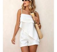 Damen Lässig Weiß 2-teiliges Set, asymmetrisches Camisole Top und Shorts Set, bequemer nicht-dehnbarer Stoff für den Sommer elegant