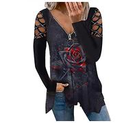 Damen Lässige Langarm T-Shirt V Ausschnitt Reißverschluss Tunika Bluse Rhinestone Decor Oberteile Freizeit Frühling Herbst Langarmshirt Große Größen Casual Einfarbig Bluse