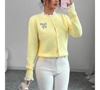 Damen lässige, weite Strickjacke mit Rüschen, Schmetterlings-Akzent, Rundhalsausschnitt, gelb, Herbst-Winter-Kleidung für Frauen