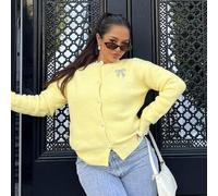 Damen lässige, weite Strickjacke mit Rüschen, Schmetterlings-Akzent, Rundhalsausschnitt, gelb, Herbst-Winter-Kleidung für Frauen