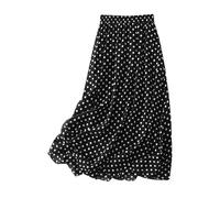 Damen Lässiger Boho Langer Rock Vintage Schwarz Polka Dots Halbkleid Elastische Taille Fließender Swing Gefütterter Midirock für Sommer Frühling Urlaub Ausgehen Schwarz Xs