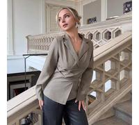 Damen Lässiger eleganter Blazer mit Taille Raffung aus Kunstleinen / Damen Bräunlich-Grauer Leinen Taillierter Blazer / Herbst/Winter Damenbekleidung