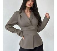 Damen Lässiger eleganter Blazer mit Taille Raffung aus Kunstleinen / Damen Bräunlich-Grauer Leinen Taillierter Blazer / Herbst/Winter Damenbekleidung