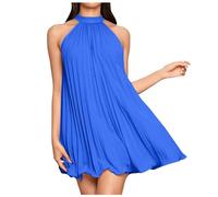 Damen Lässiges, ärmelloses Kleid mit Binderücken, Mini-Swing-Plisseekleid in A-Linie, lockeres Kleid Kleid Winter Damen (Blue, XL)